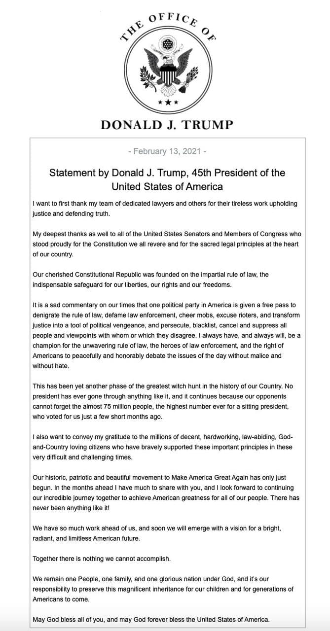Statement by Donald J. Trump 45th President of the United Statges Of America